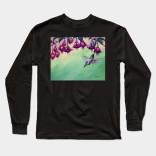 Pink and Green Hummingbird Fuchsia Long Sleeve T-Shirt